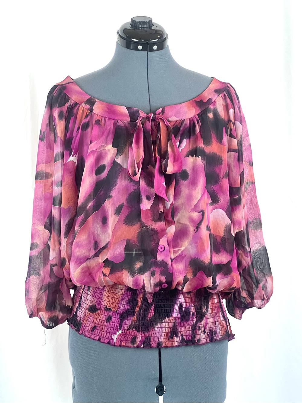 Forever Woman Womens 1X Sheer Floral Blouse Pink Purple Tie Neck Peasant Top 22
